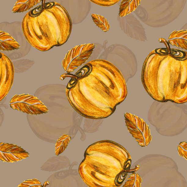 水彩图案金色苹果在灰色背景为您无缝设计，手绘插图图片下载