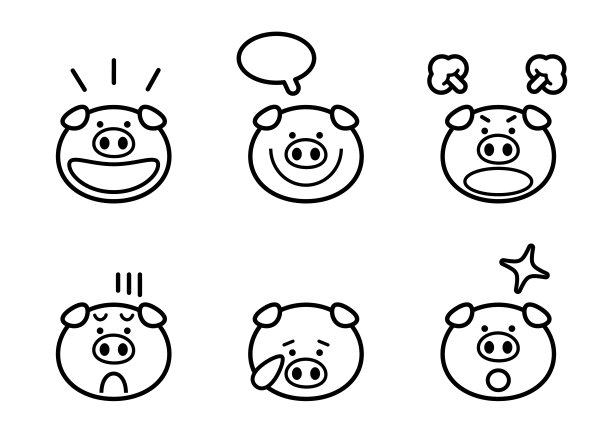 可爱的猪图标集与六个面部表情在黑白图片下载