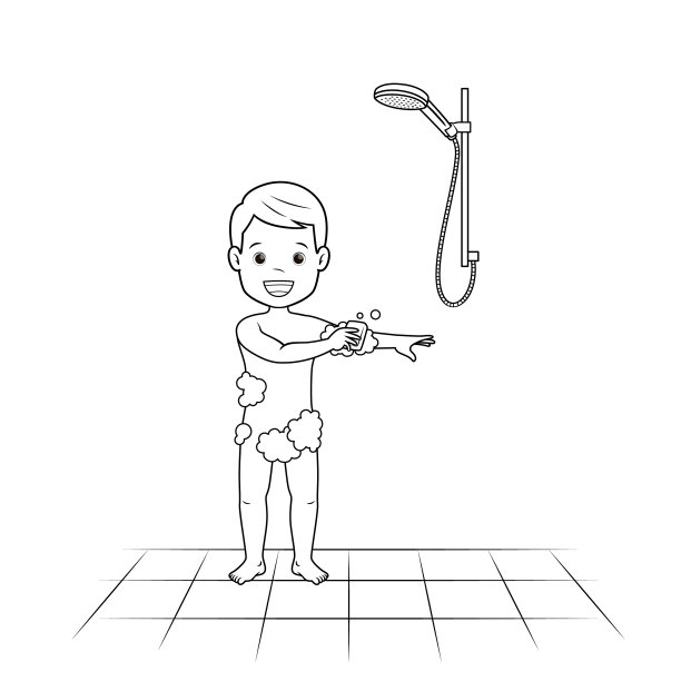 黑色和白色矢量插图的孩子活动着色书页与一个孩子正在洗澡的照片。图片下载