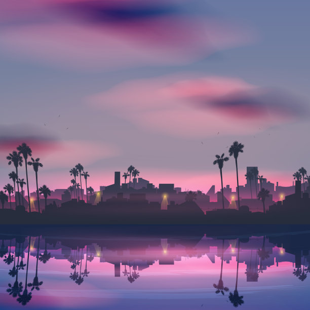 城市天际线在夜晚的海景和棕榈树反射图片下载