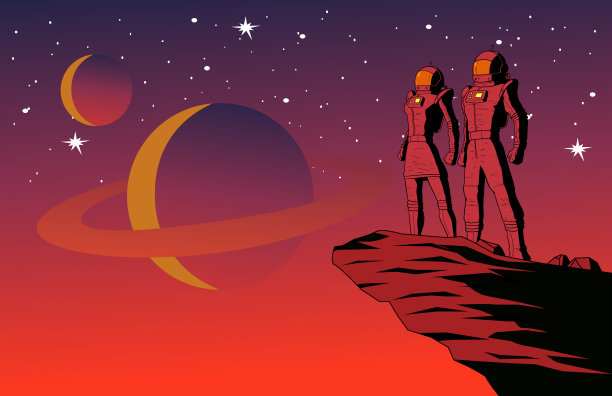 矢量复古宇航员夫妇在行星上与外太空背景插图图片下载