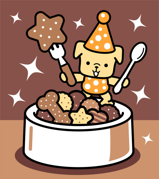 戴着派对帽的可爱小狗拿着叉子和勺子站在装满饼干的大狗碗上图片下载