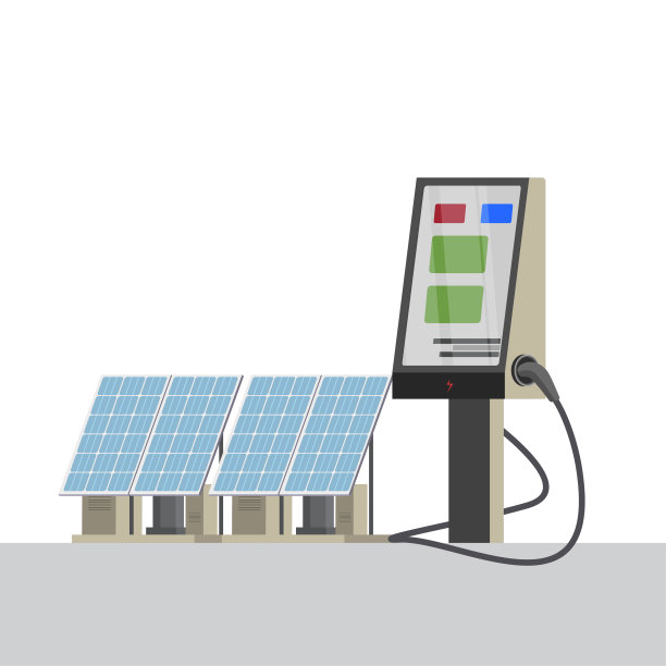 电动汽车在可再生太阳风充电站充电，有许多充电座。图片下载