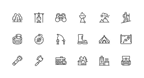 采购产品户外娱乐，露营，背包，指南针，大篷车，钓鱼图标图片下载