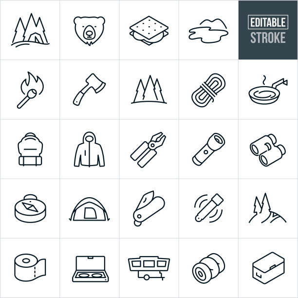 露营细线图标-可编辑的笔触图片下载