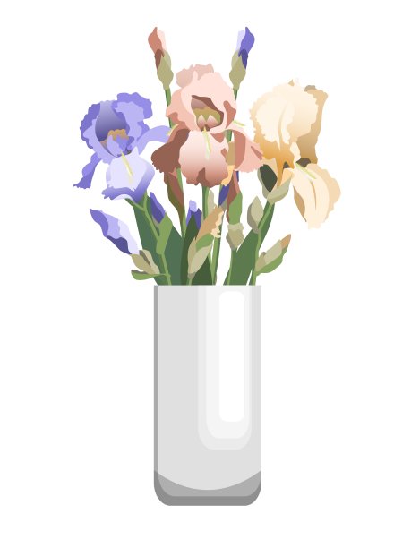 一束蓝色、粉色和黄色的鸢尾，插在高高的白色陶瓷花瓶里。孤立在白色背景上图片下载