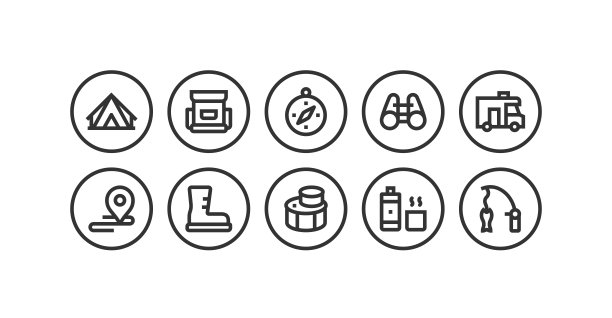 采购产品户外娱乐，露营，背包，指南针，大篷车，钓鱼图标图片下载