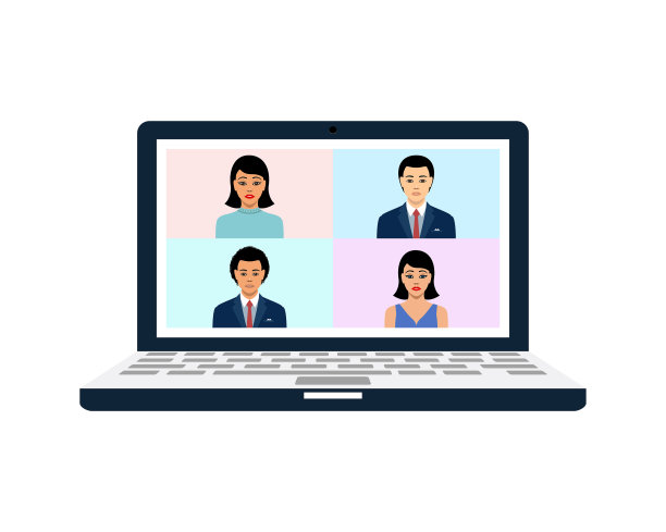 一组四个人在笔记本电脑上进行虚拟会议图片下载