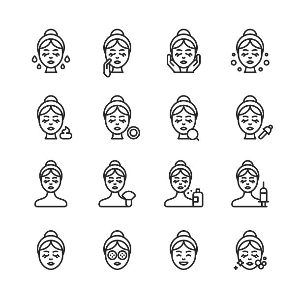 护肤系列图标。可编辑的中风。像素完美。移动和网络。包含如皮肤护理，水疗，化妆品，健康，化妆，卫生，保湿，皮肤病学，提升，沐浴，面膜，排毒，脱皮，手术，皱纹，肥皂，香水等图标。图片下载