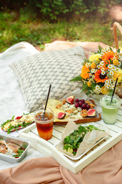 法式户外野餐，带芝士，水果和饮料。副本的空间。图片下载