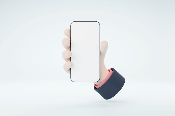 3d卡通手持智能手机模型与空白白色屏幕在青色背景。3 d渲染插图。图片下载