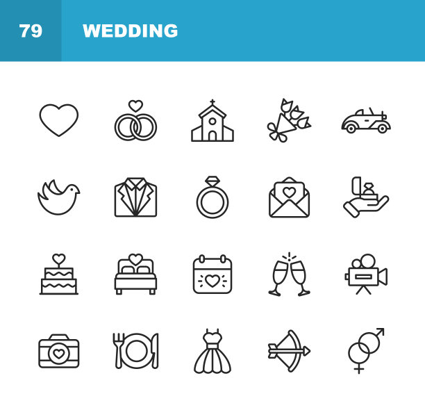 婚礼的图标。可编辑的中风。像素完美。移动和网络。包含如婚礼，心，爱，鸽子，燕尾服，婚纱，香槟，订婚戒指，相机，摄影，教堂。图片下载