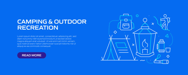 露营和户外娱乐相关的线条风格横幅设计网页，标题，宣传册，年度报告和书籍封面图片下载