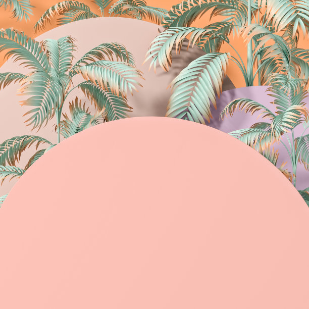 热带树枝环绕着一个圆形的讲台。抽象的夏日构图以柔和的色彩、海报、横幅配合临摹空间。3 d渲染。图片下载