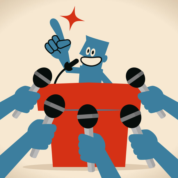 带着麦克风在舞台上微笑的蓝色男子，新闻发布会。手拿麦克风图片下载