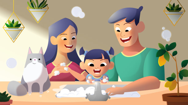 父母教女儿如何洗手，遵守新冠防疫措施图片下载