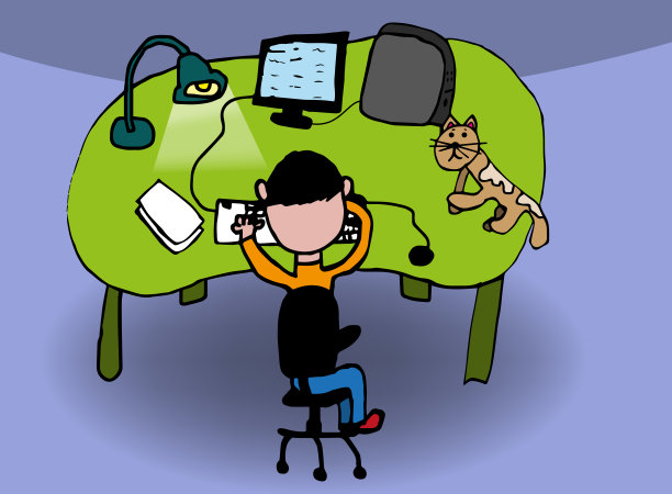 男人和他的猫在电脑前工作图片下载