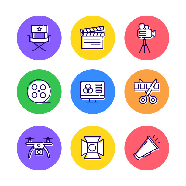 电影和电影相关的线条图标集。大纲符号集合图片下载