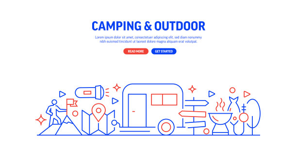 露营和户外活动相关的网页横幅线条风格。现代设计矢量插图的网页横幅，网站标题等。图片下载