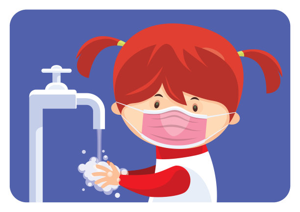 小女孩戴着口罩，清洁双手图片下载