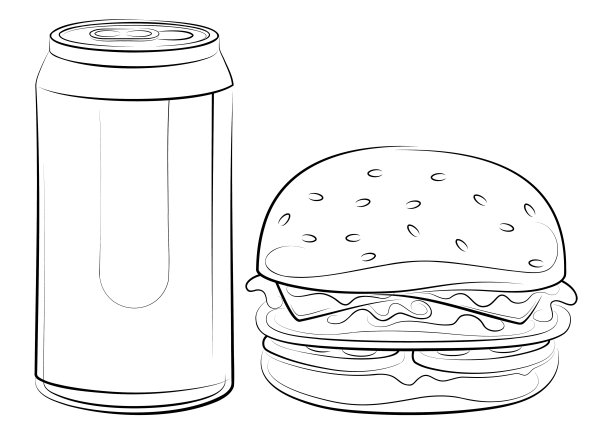 汽水罐和汉堡包的线条画图片下载