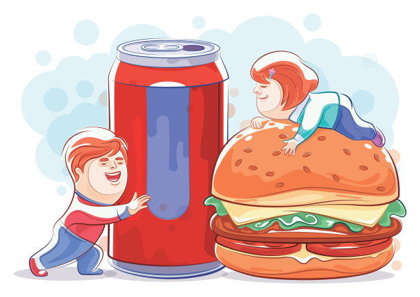 快乐的孩子拿着汉堡和汽水罐图片下载