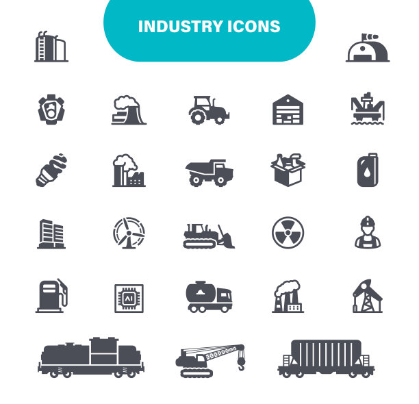 行业图标。集包含图标为工厂，工人，建筑，建筑，建筑，重型设备，插图图片下载