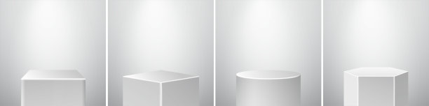 台座博物馆舞台布景。现实的向量。几何空白3D聚光灯站。立方体，菱形，圆柱形，六角形。图片下载