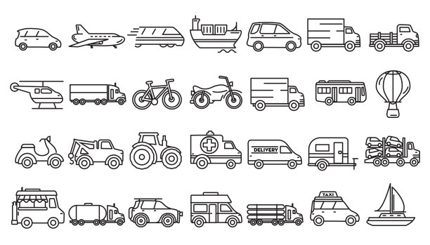 交通主题的图标设置在轮廓线艺术风格图片下载