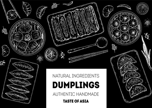 饺子俯视图框。菜单设计模板。手绘矢量插图。中国的饺子。的插图。手绘食物素描。设计模板。图片下载