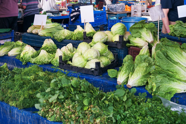 农贸市场的摊位上挂着空标签的绿色食品。图片下载