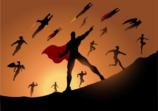 矢量超级英雄团队跑步剪影与阳光在背景图片下载