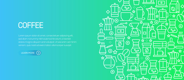 咖啡相关的横幅模板与线图标。现代矢量插图广告，标题，网站。图片下载