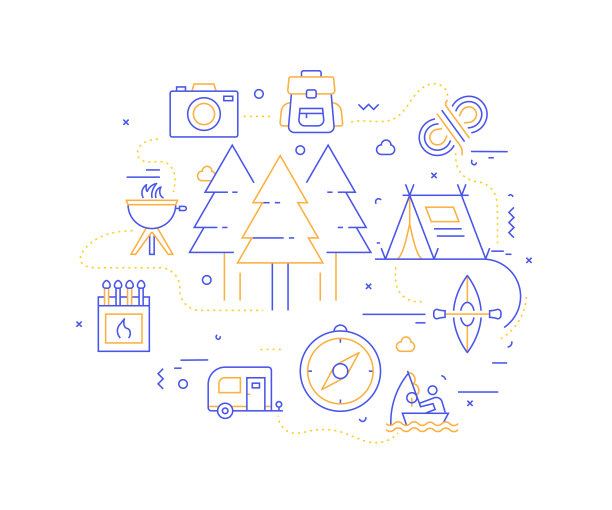 露营和户外娱乐相关的线风格横幅设计网页，标题，小册子，年度报告和书的封面图片下载