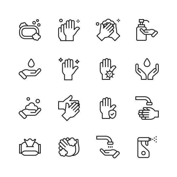 洗手线图标。可编辑的中风。像素完美。移动和网络。包含细菌、浴室、泡泡、COVID-19、清洁海绵、脏东西、烘干机、水龙头、烘手机、人的手、人的皮肤、卫生、皮肤、肥皂、厕所、水等图标。图片下载