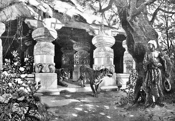 危险的走到庙里，老虎正在保护它图片下载