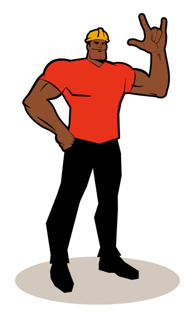 戴着安全帽，用手语表达“我爱你”的健壮工人图片下载