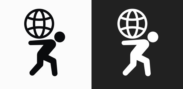 Stick Figure Carrying Globe Icon on Black and White Vector background的翻译结果图片下载