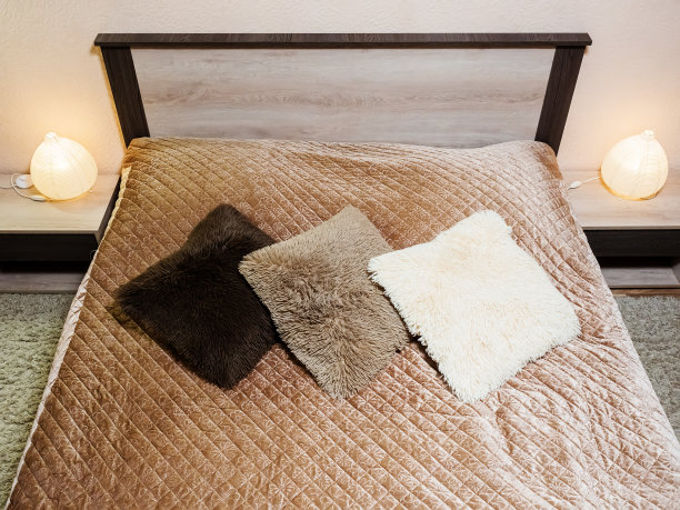 木床一种木制的床，床罩上有柔软的枕头，床头柜上放着灯图片下载