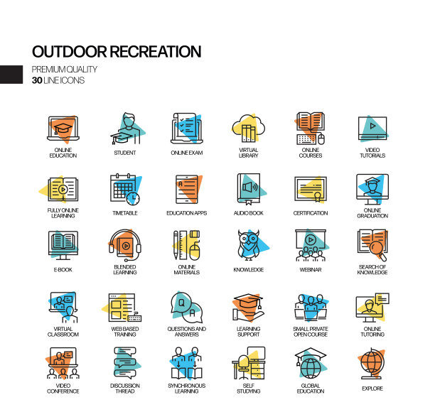 露营和户外娱乐相关的聚光灯矢量线图标的简单设置。大纲符号集合。图片下载