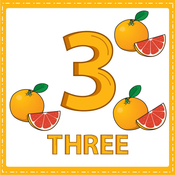 幼儿数字教育插图。为孩子们学会了数数字3与3橘子在图片中所示的水果类别图片下载