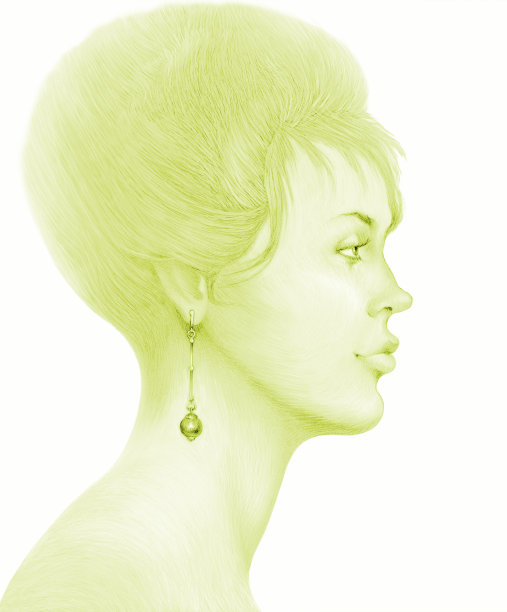 插图铅笔画肖像侧面的一个年轻女子长金发光滑的发型珍珠耳环在白色的背景图片下载