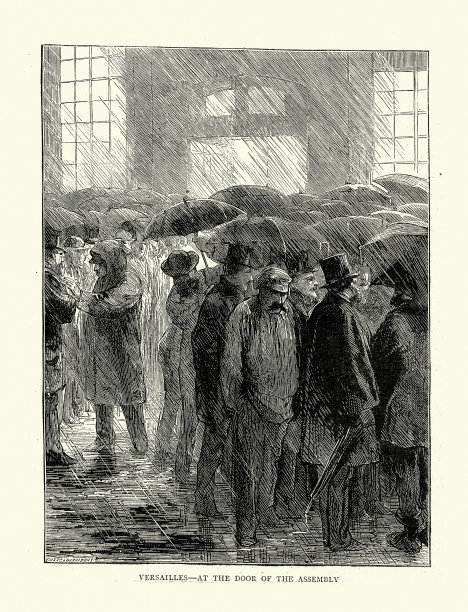 人们在雨中等候在法国议会外，凡尔赛，1872年，19世纪法国历史图片下载