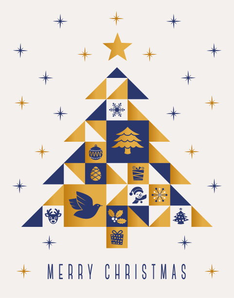 几何圣诞树贺卡-金色和蓝色图片下载