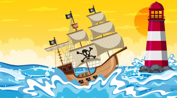 日落时的海洋场景与海盗船在图片下载