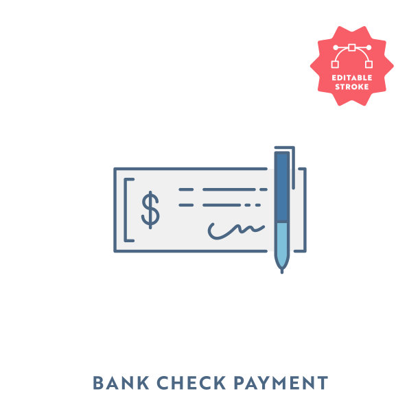 银行检查平面图标与可编辑的描边和像素完美。图片下载