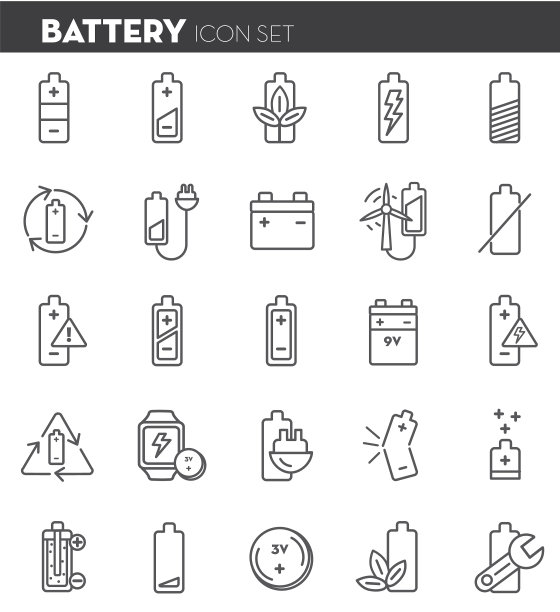 电池平面简单的轮廓线艺术设计图标集图片下载