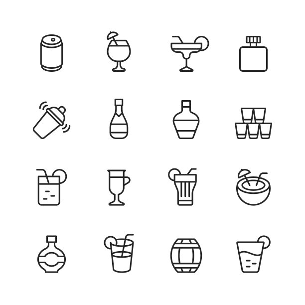 饮料和酒精线条图标。可编辑的中风。像素完美。移动和网络。包含如罐头，海滩饮料，鸡尾酒，烧瓶，摇酒器，伏特加，威士忌，香槟，葡萄酒，果汁，莫吉托，椰子，玛格丽塔。图片下载