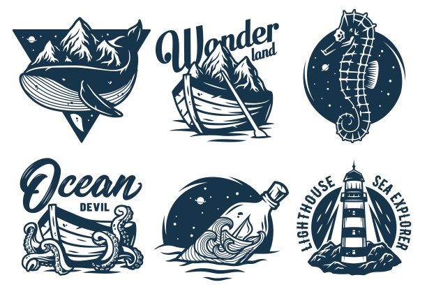 海洋印花套装海马，海星和船图片下载