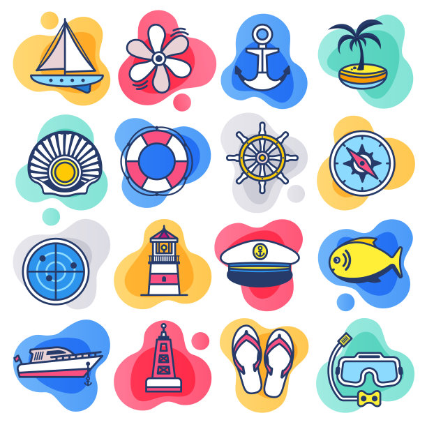 海岸和海洋旅游平面线液体风格矢量图标设置图片下载